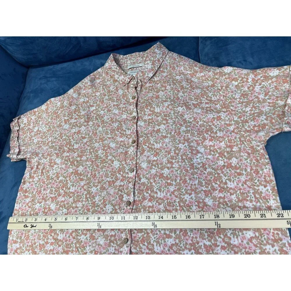 Cynthia Rowley Floral Linen Button Down Shirt WOMEN M Pink Beige Short Sleeve - Picture 7 of 9